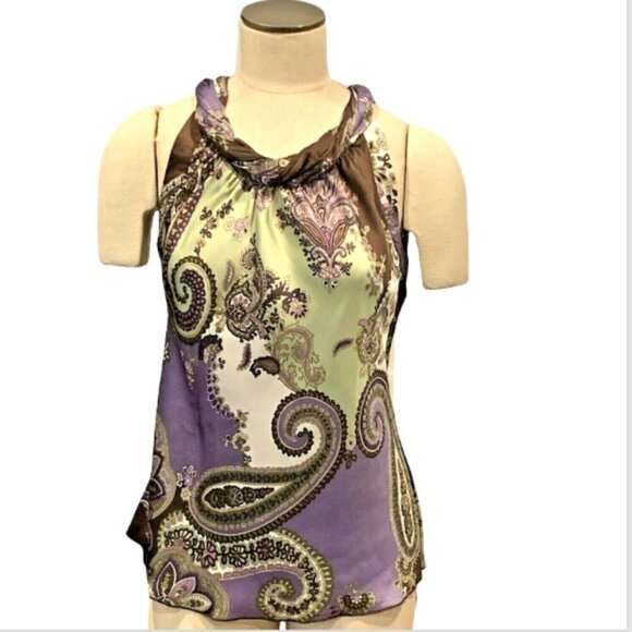 Dress Barn S Polyester Satin Sleeveless Twist Neck Top Multicolor Paisley 199B - Picture 1 of 7